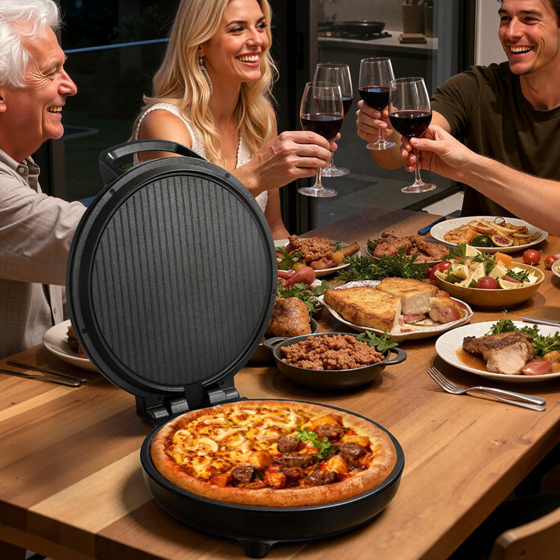 Four à pizza, machine à pizza électrique 12 po, cuiseur à pizza électrique 1200 W avec revêtement antiadhésif, ouverture à 180 ° pour la cuisson à deux côtés, chauffe jusqu'à 410 ˚F, cuisson multifonctionnelle, pour pizzas, barbecue