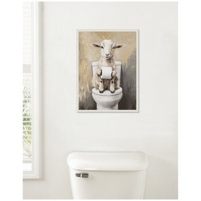 Goat Holding Toilet Paper Roll Toilet Bathroom Art by The Creative Bunch Studio Framed Canvas Wall Art Print
