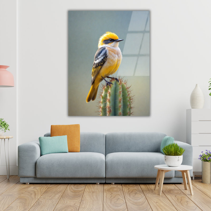 Art mural en verre trempé oiseau jaune, 20" H x 16" W