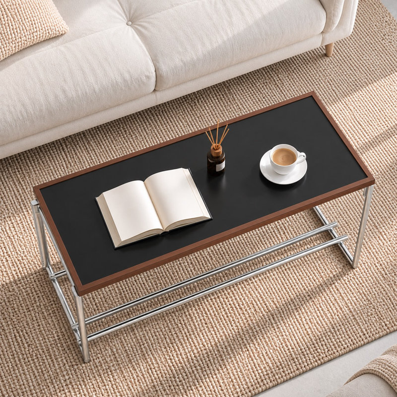 Modern Convertible Writing Desk, 2-in-1 Black Tabletop with Walnut Effect Edge and Stainless Steel Frame, Two-Height Multifunctional Table, 123 x 64 cm for Home Office, Study Area, Living Room and Apartment