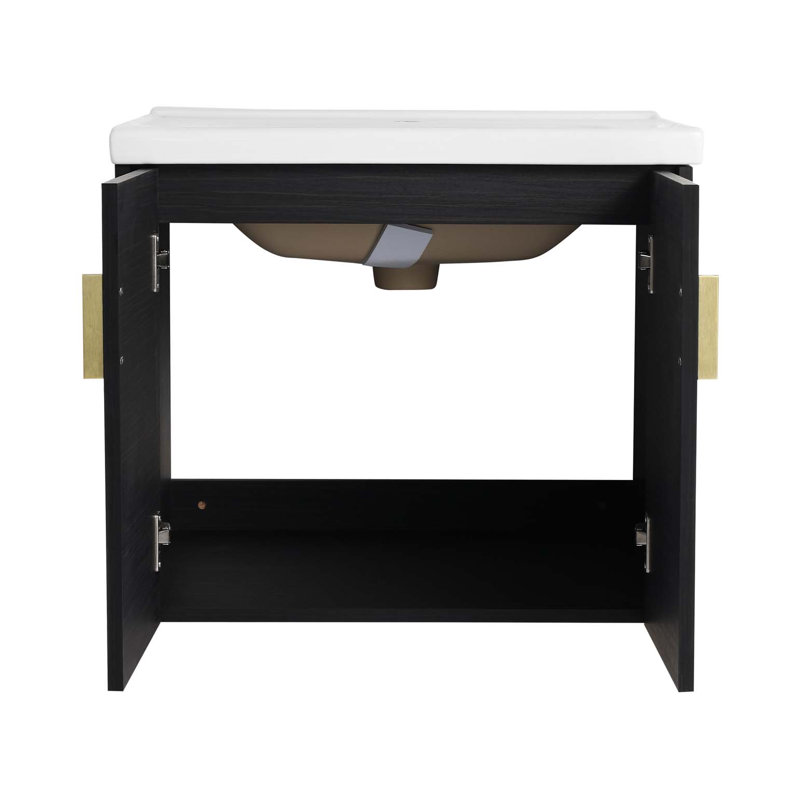 Meuble-lavabo à fermeture en douceur 60 po avec lavabo et petites tablettes de rangement, Noir châtaignier
