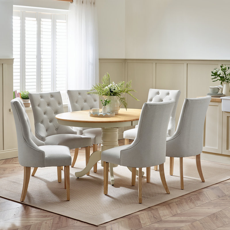 Aviya Extending Solid Wood Table With Eubanks Linen Fabric Chairs - Traditional Rustic Farmhouse, Cream, 6