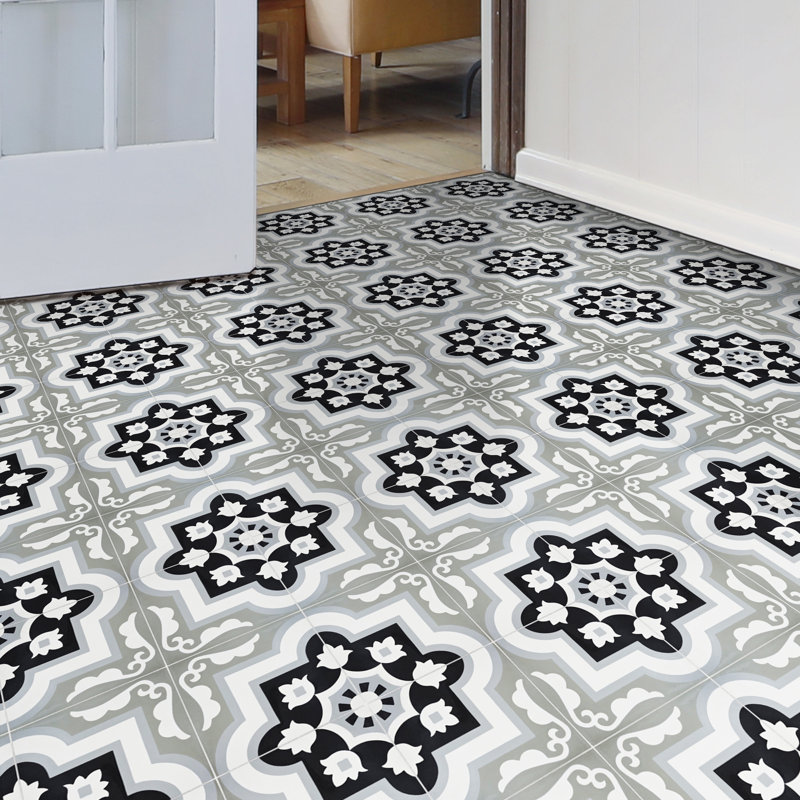Taza 8" x 8" Cement Patterned Wall & Floor Tile, Gray/Black