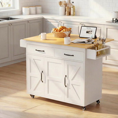 Kitchen Island With Drop Leaf, Tilt-Out Trash Can Cabinet, Rolling Kitchen Cart, Storage Cabinet With Drawers, Rubber Wood Top. by Ebern Designs