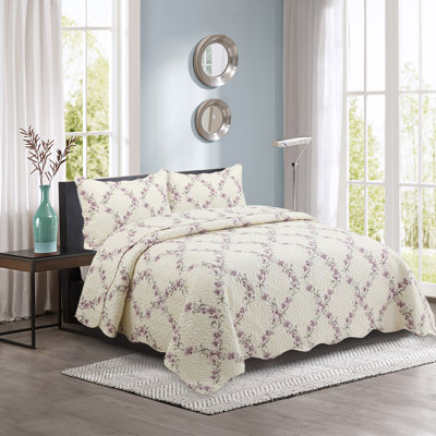 Marina Decoration Home Bedroom Pinsonic Bedding Coverlet Bedspread Ultra Soft 2 Piece Summer Embossed Printed Quilt Set with 1 Embossed Sham, Purple Orchid Cream Pattern Twin/Single Size