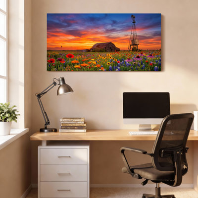 Sunset Farmhouse With Wildflowers And Windmill Canvas Wrapped Wall Art Oil Painting Print Set Of 1