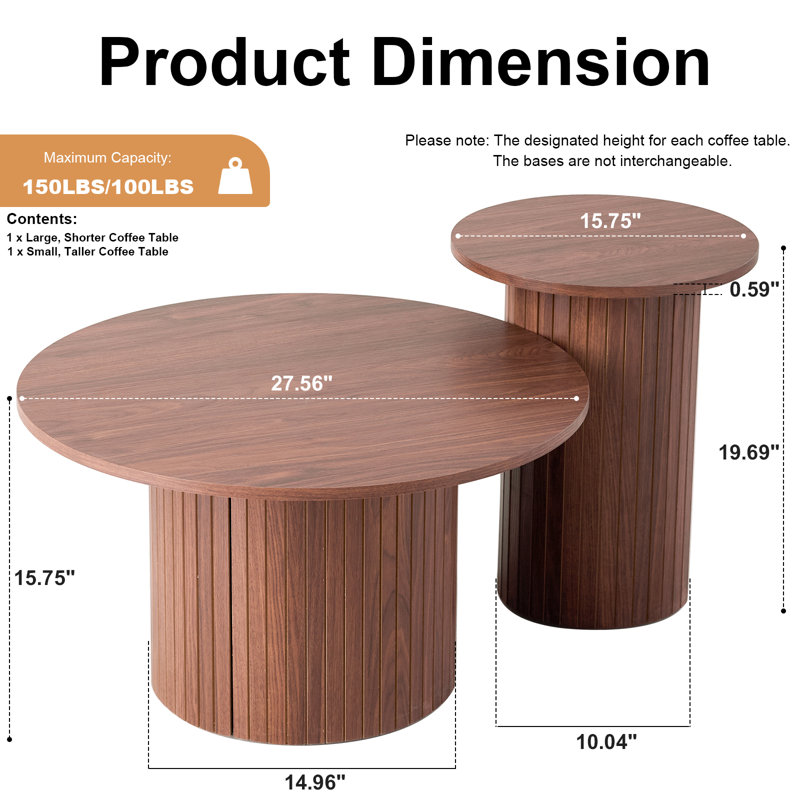 Ensemble de tables basses rondes modernes 2 pièces, cylindre Groove Line 27,6 "/ 15,7", Orangé