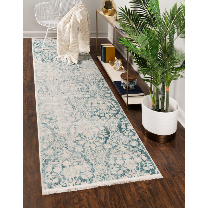 Tapis bleu clair / ivoire Teadora, Tapis de couloir 2 pi 7 po x 10 pi