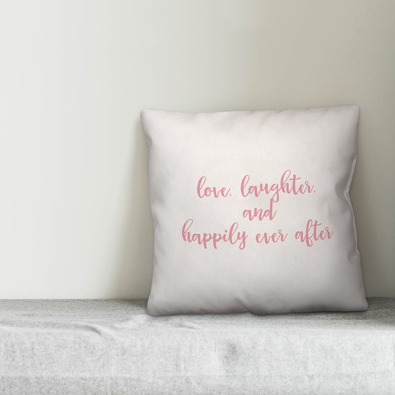  Coussin Love Laughter and Happily Ever After, Coussin décoratif, Blanc / rose