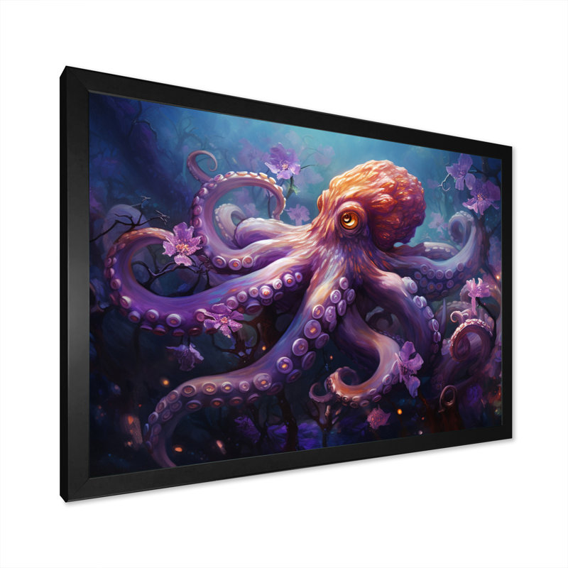 «Purple Octopus Mystical Encounter an», reproduction sur toile, H 30 po x l 40 po x P 1,5 po, Cadre photo noir