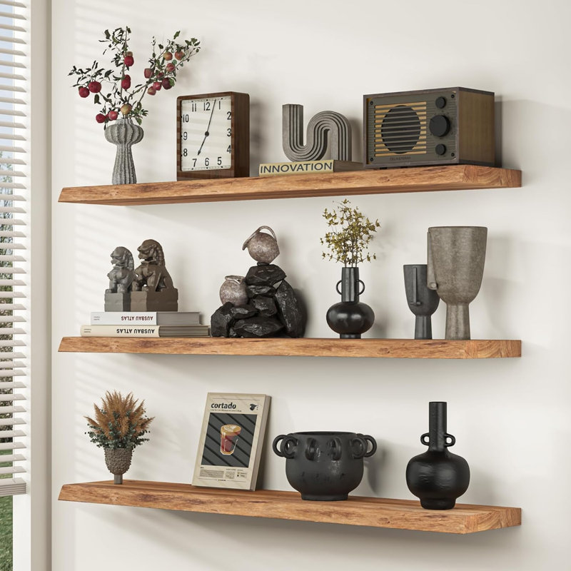 24" Solid Elm Floating Wall Shelves Set Of 2, Rustic Heavy-Duty Shelves