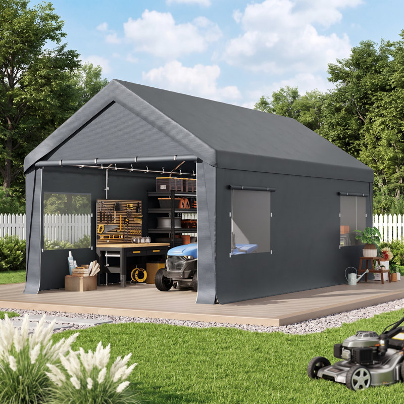 10 Ft. W X 20 Ft. D Car Canopy Portable Garage, Heavy Duty Car Port With Roll-up Ventilated Windows , Uv Resistant Waterproof All-season Tarp For Car, Boat And Emergency Shelter, White/ Black/ Yellow