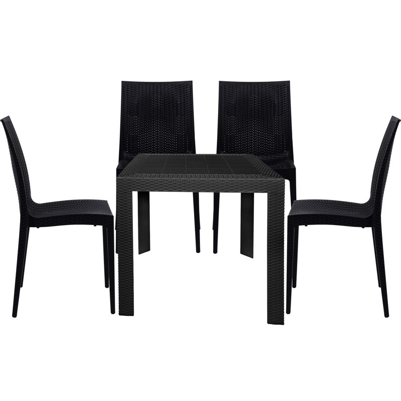5-Piece Outdoor Dining Set with Square Dining Table and 2 Dining Side Chairs Weave Design, Black, Black