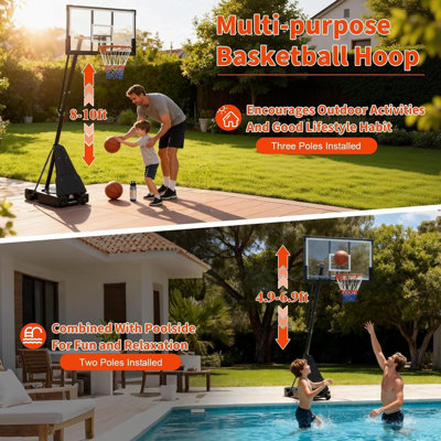 Panier de basketball portatif - panneau de PC incassable de 44 po, hauteur réglable en continu de 4,9 à 10 pi, roues pour la cour, l'allée, la cour
