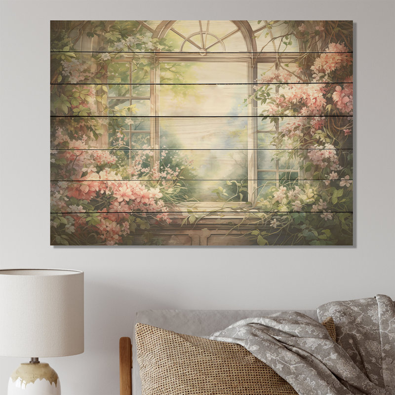 Pink Blossoming Country Window Gaze II - Floral Window On Wood Print, 10" H x 20" W x 0.78" D