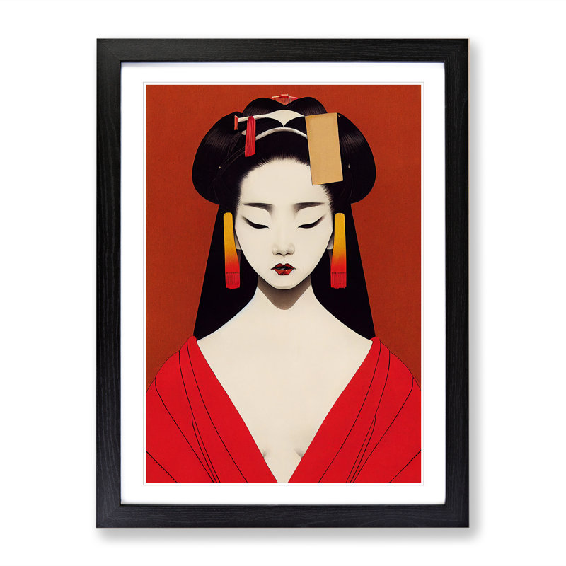 XV1022-4406X Symmetrical Geisha No.1 - Print, White, 66cm H x 48cm W, Black Framed Paper