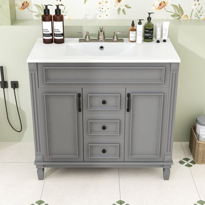 Meuble-lavabo de salle de bain avec lavabo, tablettes de rangement, tiroirs et portes