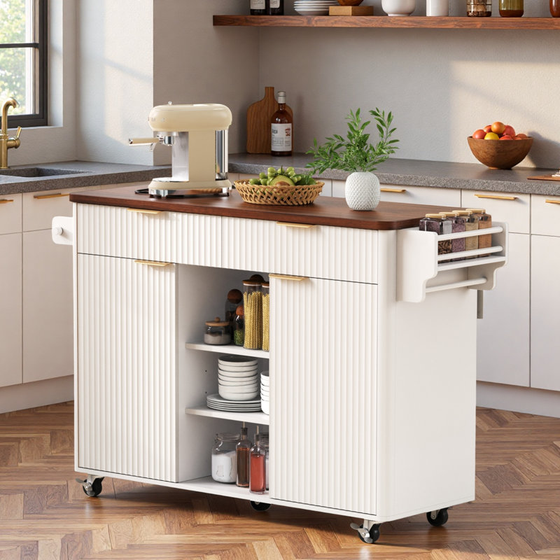 Îlot de cuisine cannelé avec rallonge, prise de courant, tablettes réglables, 2 portes et 2 tiroirs