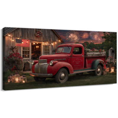  Impression sur toile de grand drapeau américain patriotique, peinture de camion rustique rétro américain, photo de grange campagnarde sereine, feux d'artifice festifs pour salon chambre à coucher 20 x 40 po