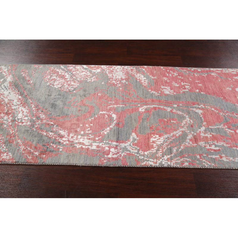 Tapis de couloir gris / rouge noué à la main de conception unique 3 pi 1 po x 12 pi 2 po New Age