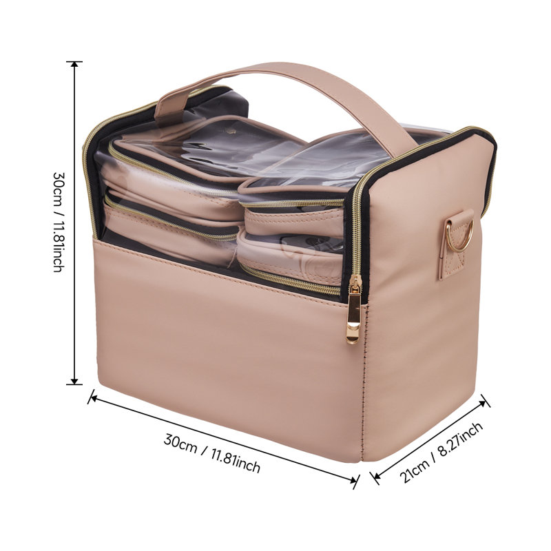 Portable Makeup Train Case with 4 Clear Bags and Adjustable Dividers