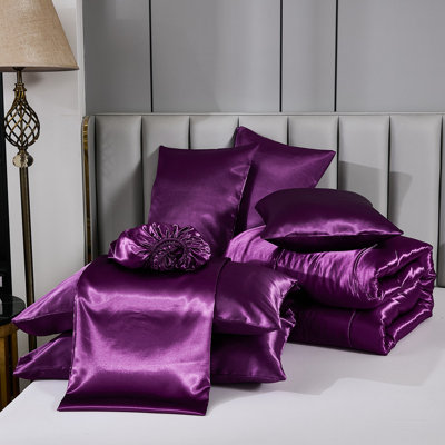 Ensemble d'édredon en satin avec draps pour grand lit 8 pièces Ensemble de literie soyeux mauve luxueux avec 1 housse de coussin