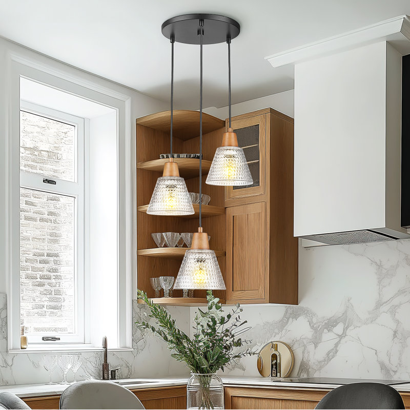 3 - Light Cluster Pendant Adjustable Farmhouse  Woodgrain Finish