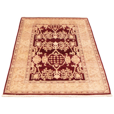 Tapis unique en laine noué à la main 4 pi 1 po x 6 pi 2 po nouvel âge Peshawar en brun / rouge / crème
