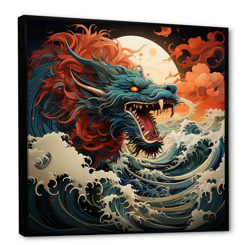 Dragon japonais sur la vague au large de Kanagawa I - Dragons, art mural, Cadre flottant noir, H 16 po x l 16 po x P 1 po
