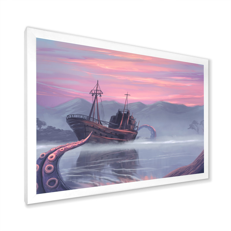 «Video Old Fantasy Abandonné Ship Kraken», impression sur toile flottante, H 24 po x l 36 po x P 1 po, Cadre photo blanc