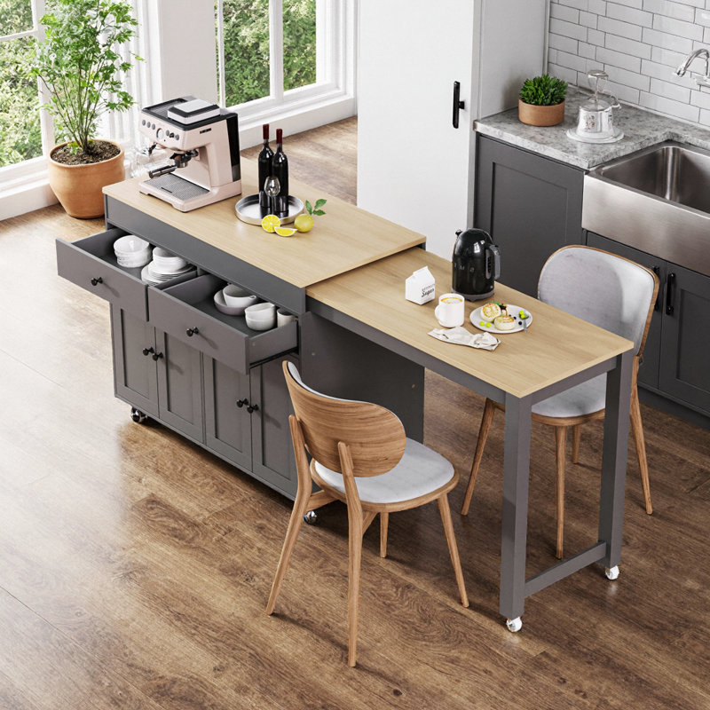 74.5" Grey Kitchen Island with Expandable Table | 7 Wheels, Spice Rack & 4-Door Storage, Grey