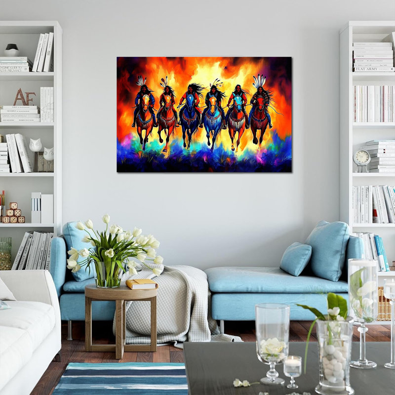 Grande reproduction d'art sur toile amérindienne, six cavaliers indiens, coiffe de plumes, décorations occidentales sur toile pour le salon