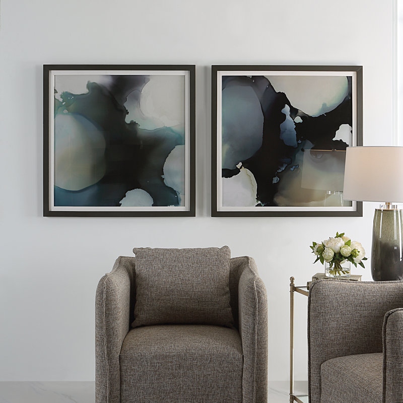 Modern Blue and Amber Abstract Framed Prints Set