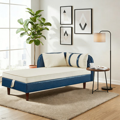 Mid-Century Modern Chaise Lounge with   Faux Leather Daybed with 2 Throw Pillows, Upholstered Sleeper Sofa for Living Room, Bedroom