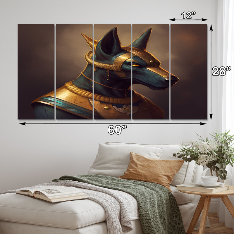 Rétro Anubis ancien égyptien Jackal God - reproduction d'art sur toile égyptienne - 5 panneaux égaux