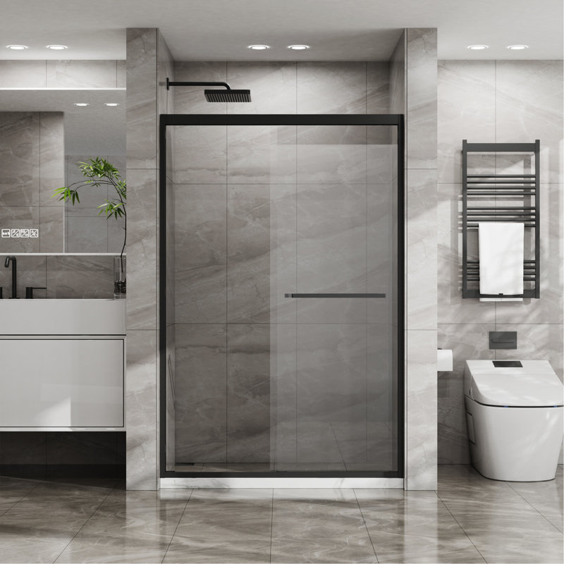 Double Sliding Glass Shower Door 48 In. W X 72 In. H Aluminum Framed Shower Enclosure With SGCC Clear Tempered Glass, Stainless Steel Hardware, Matte Black