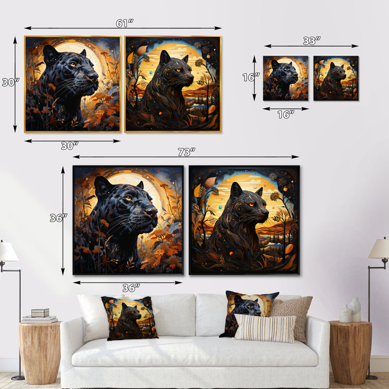 Clair de lune majestueux panthère noire - ensemble de 2 animaux panthères carrés, Cadre flottant noir, H 16 po x l 33 po