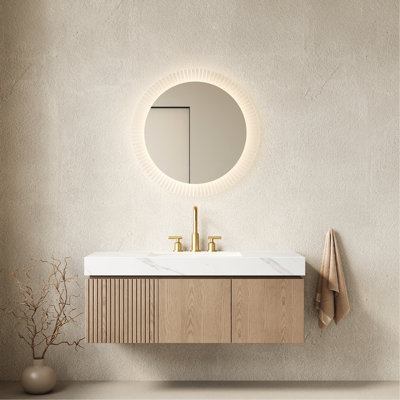 Meuble-lavabo de salle de bain avec lavabo de 48 po, armoire de rangement en contreplaqué flottant, plateau en pierre frittée blanche, lavabo en céramique, 3 trous de robinet, tiroir à fermeture en douceur, pierre facile à assembler, trou de trop-plein pré-percé 48 po,