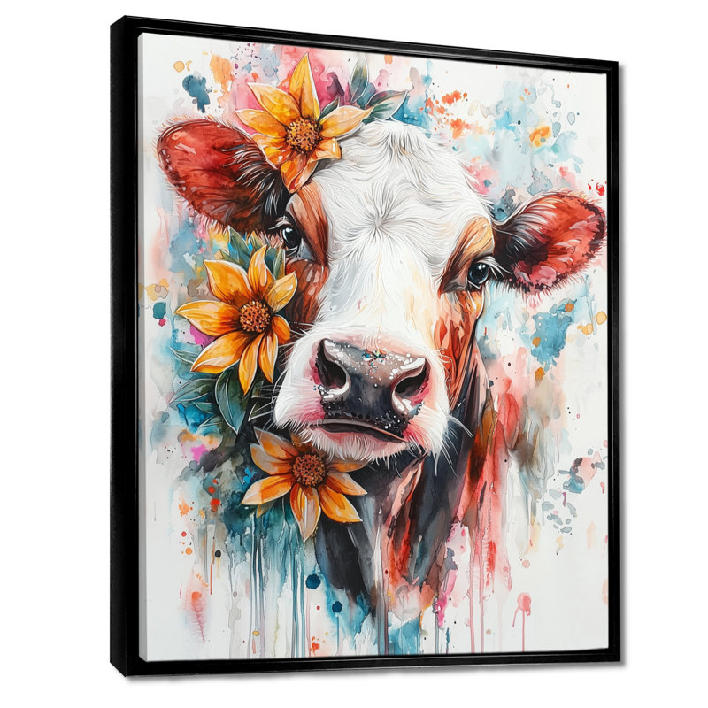 Keily Cow, peinture avec ferme, fleurs II, H 44 po x l 34 po, Impression encadrée flottante, Noir