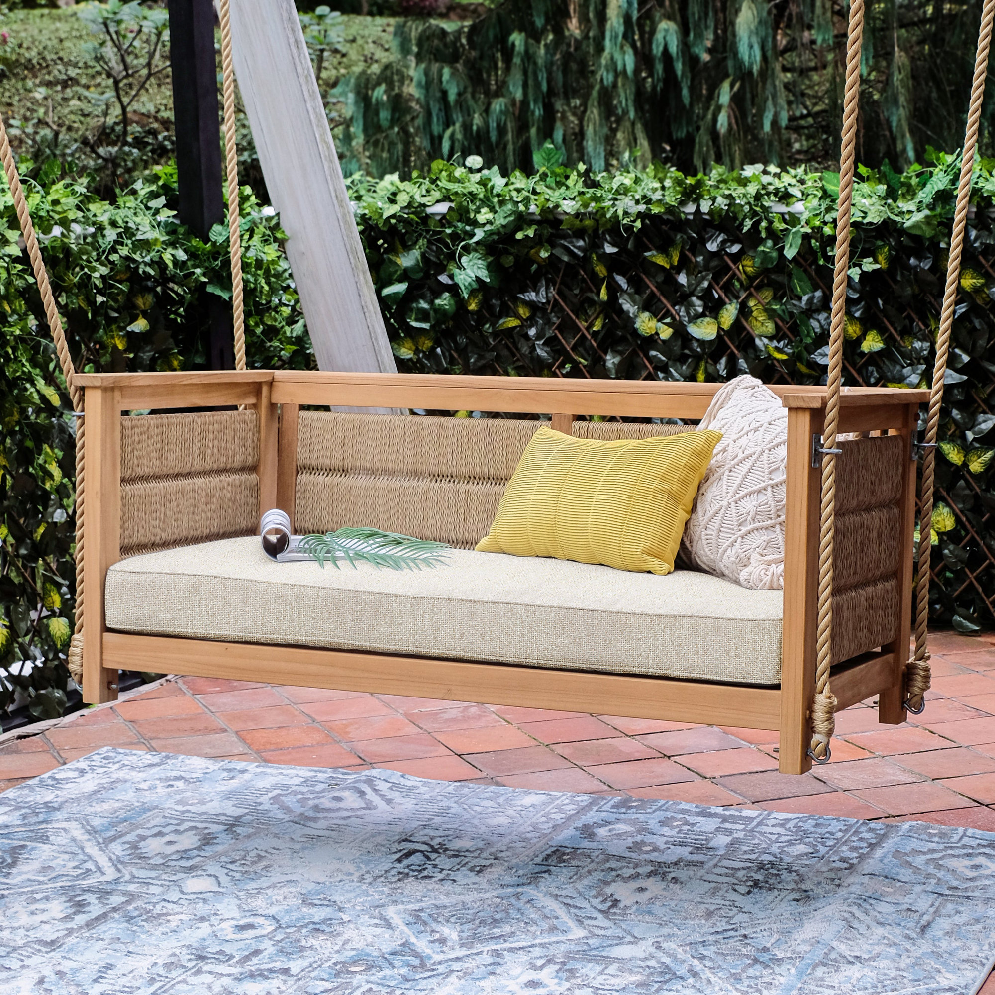 Blaine Teak Porch Swing with Cushion, Tan Performance Basketweave