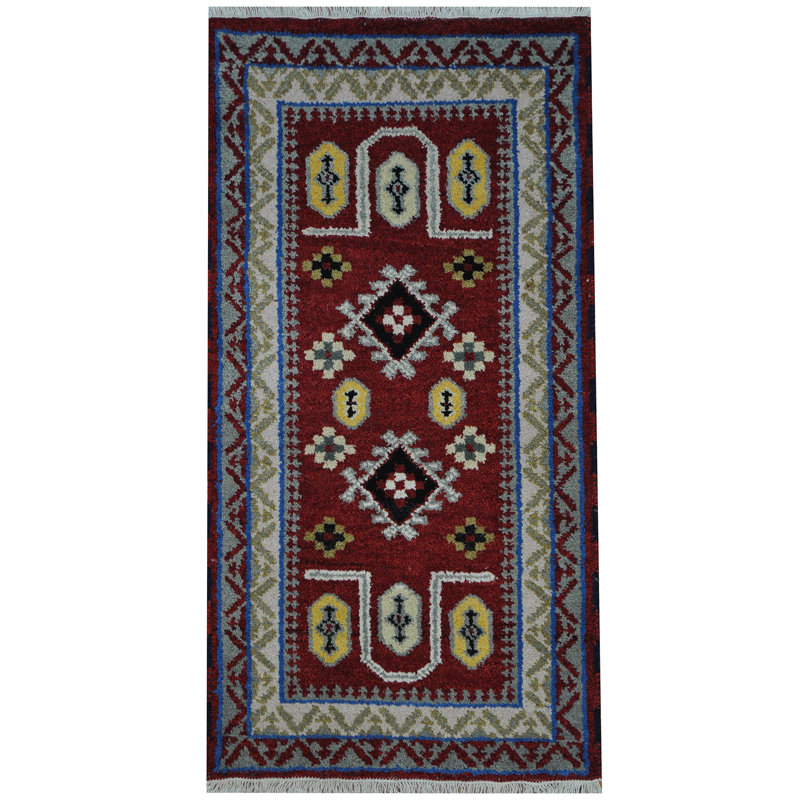 Tapis unique en laine noué à la main rouge / crème / vert de 2 pi x 4 pi