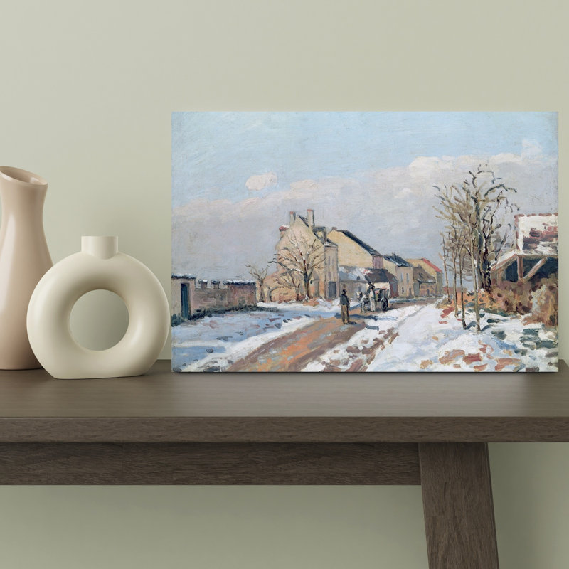 La route de Gisors à Pontoise, effet neige, 1872, impression d'art abstrait impressionniste contemporain représentant l'architecture hivernale.