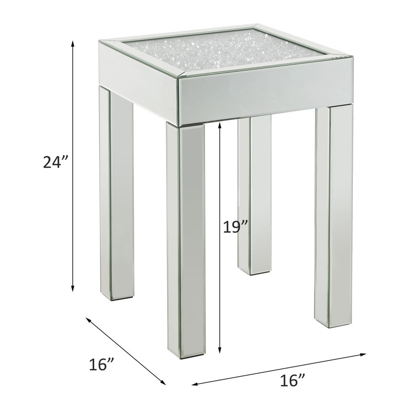 Table d'appoint miroir avec garnitures en faux diamants, plateau de 10 cm d'épaisseur, verre trempé, charge maximale de 18 kg, diamants argentés, surface en verre, base, capacité