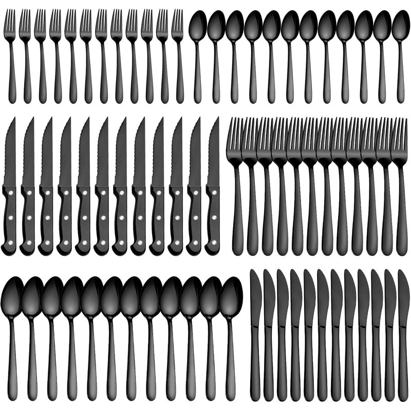 Ensemble de couverts 72 pièces en acier inoxydable de 72 pièces pour 12, comprenant des fourchettes, des cuillères, des couteaux et des couteaux à steak, allant au lave-vaisselle, des couverts durables et élégants pour la maison ou le restaurant
