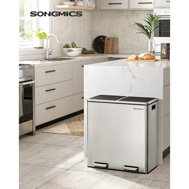16 Gallon Silver Stainless Steel Dual Compartment Kitchen Trash Can