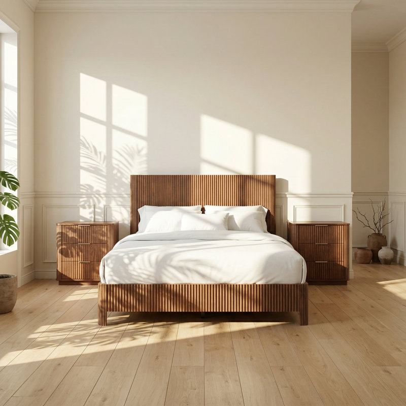 Structure de lit ondulée en bois aggloméré noyer l 58,8 po x P 77,2 po x H 44,5 po