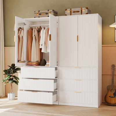 70.9''H Wardrobe Closet, 2-door Armoire Wardrobe With Built-in Mirror, Wardrobe with 3 Drawers （set of 2）