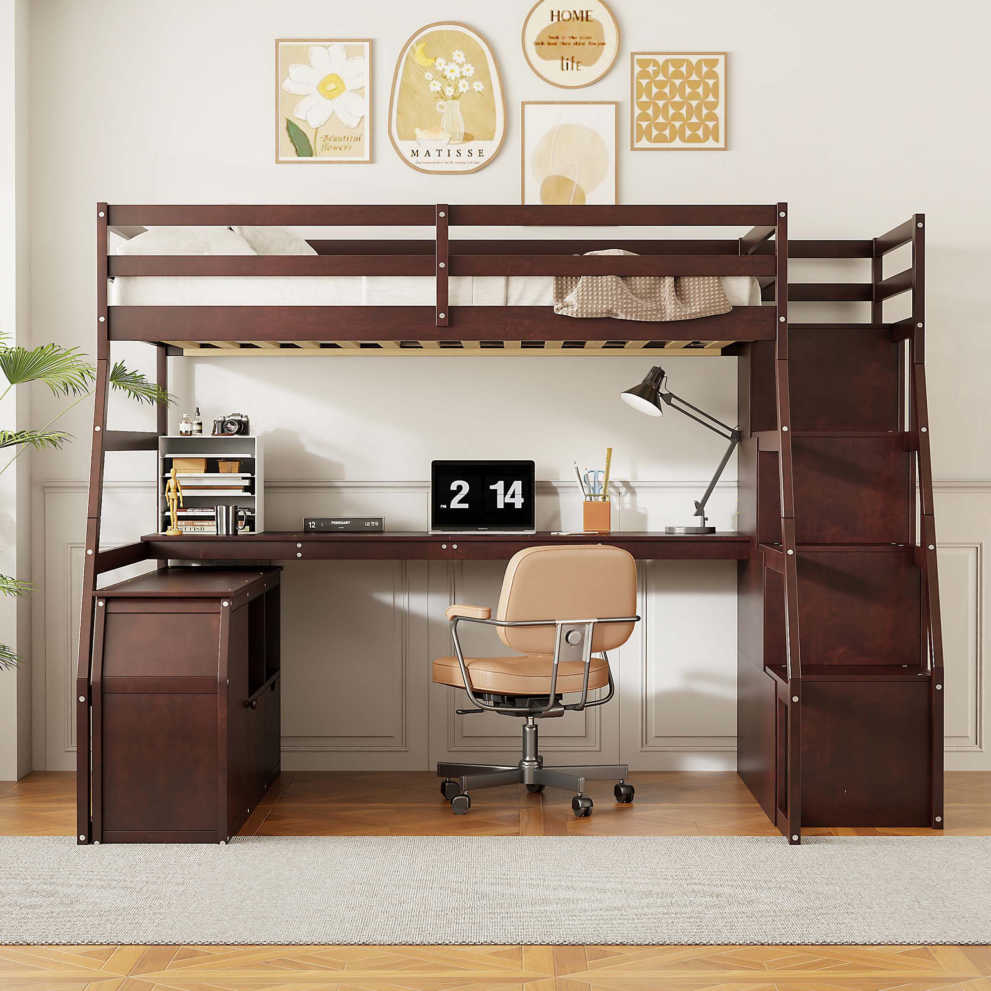 Harriet Bee Full Size Loft Bed with 7 Drawers 2 Shelves and Desk | Wayfair