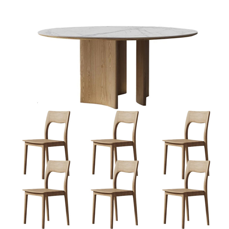 Modern simple home round dinning table sets, 7 pieces: 1 Table, 6 Chairs, 29.5”H x 51.2”L x 51.2”W