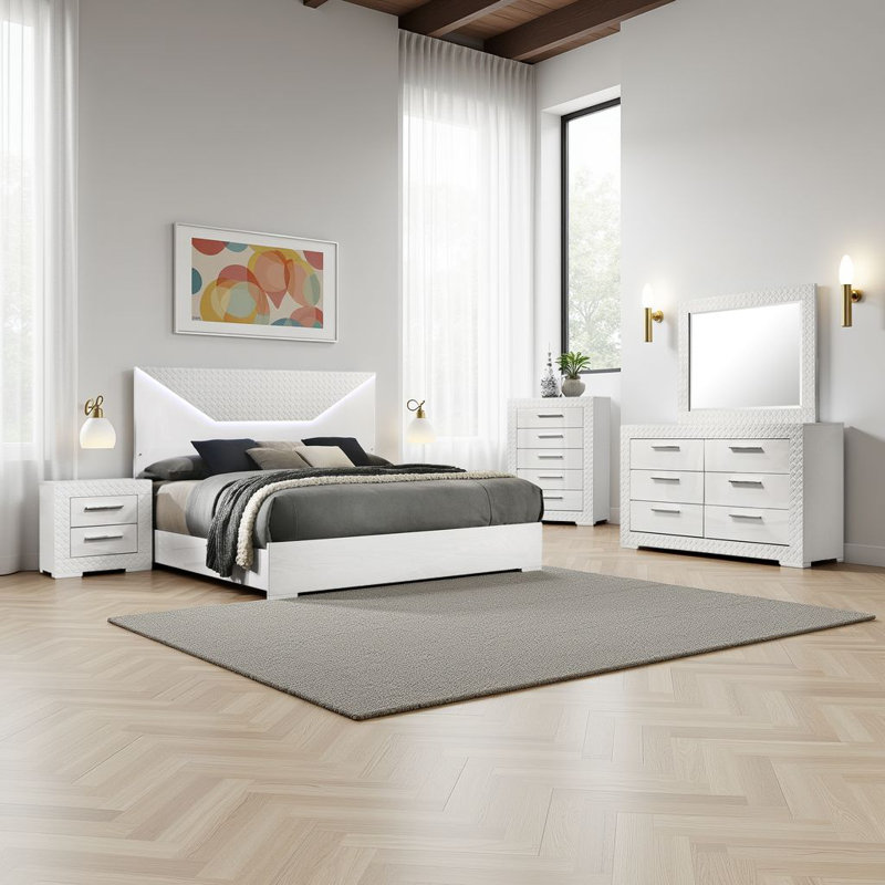 Ensemble de chambre à coucher 5 pièces Ivon, Grand lit, Blanc